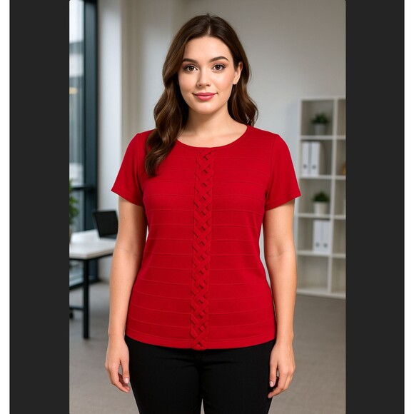 Cable & Gauge Lattice Criss Cross Scoop Neck Short Sleeve Red Knit Top Women's L - Picture 1 of 13